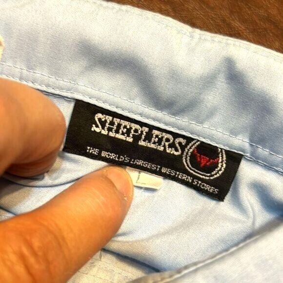 Retro Western Light Blue Shirt Black Embroidery Snap Buttons Front Pockets Size - Picture 9 of 9